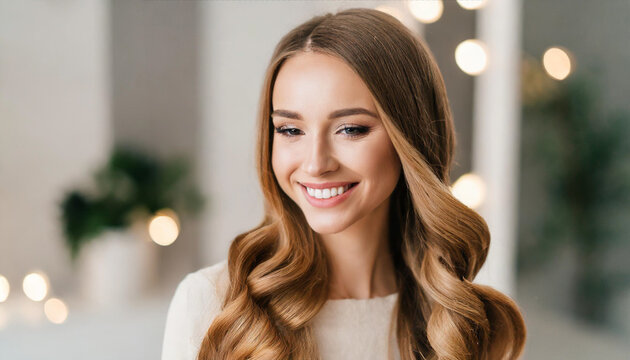 woman with long hair smiles gracefully in beautiful stock photo