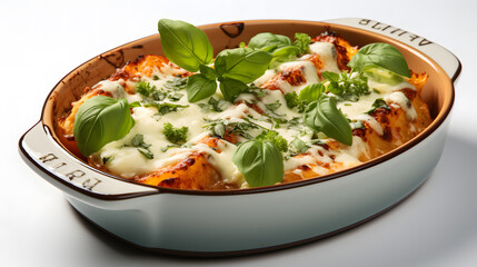 cooked lasagna in baking dish isolated on white
