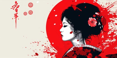 Japanese geisha female pop art illustration style. Japan woman in traditional kimono