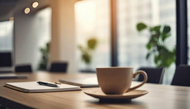 Blurry empty modern office conference room with clean, minimalistic design