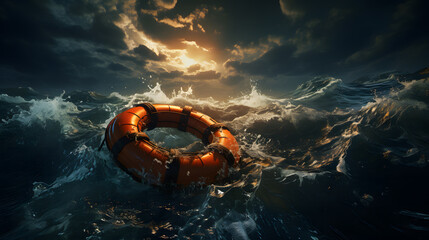 A rescue buoy floating on the sea, a vital tool to rescue people from drowning incidents. sunset  - obrazy, fototapety, plakaty