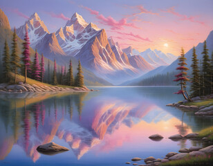 "Compose a breathtaking scene of a serene lake nestled against the backdrop of majestic mountains. Utilize the soft hues of dawn or dusk to paint the sky in hues of pinks, purples, and blues, reflecti