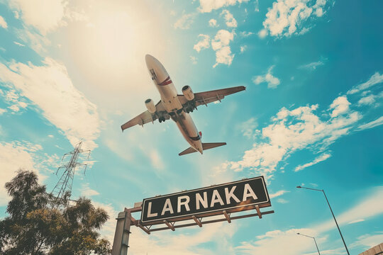 Plane landing in Larnaka with "LARNAKA" road sign in foreground, travel Cyprus