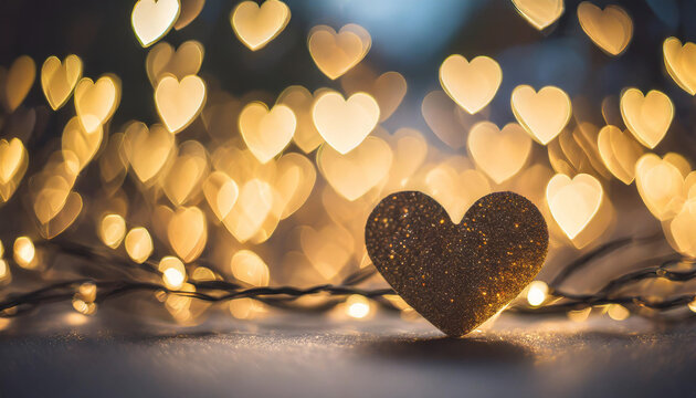 Blurred heart-shaped lights symbolize love and warmth, ideal for romantic concepts