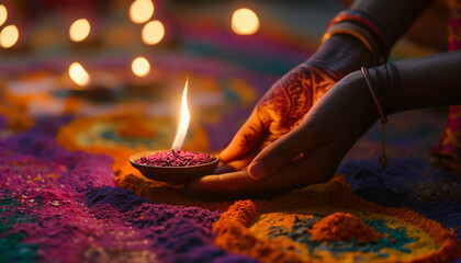 Diwali Tradition: Hands gently cradle a flickering diya, its flame casting a warm glow over colorful rangoli, a celebration of light and tradition.