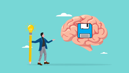 idea memory, reminder of productive plans or new business strategy, thinking skills to form good work habits, remembering or studying work plans, businessman store work plan data in the human brain