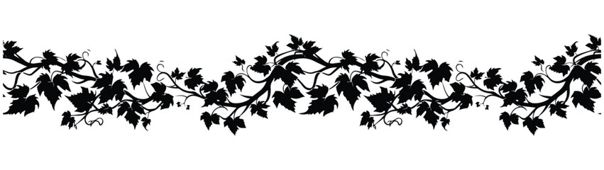 silhouette of grape vines leaf on transparent background. continuous pattern of vitis leaves vines. natural border design vector. - obrazy, fototapety, plakaty