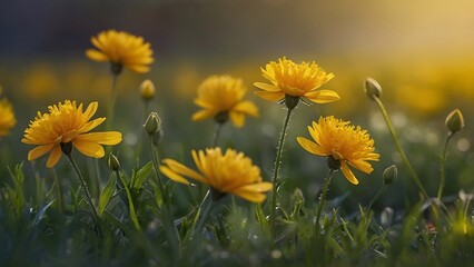 yellow flowers in the field with bokeh background 
