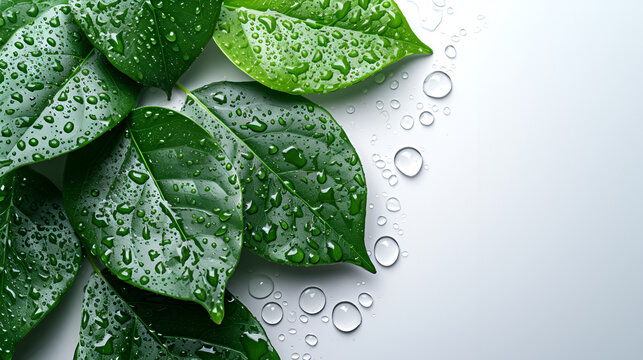 Green leaves and water drops on white background with copy space, generative ai