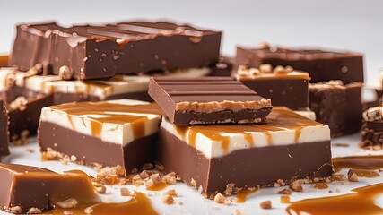 Closeup of broken chocolate bar nougat topped with caramel, enrobed in milk chocolate isolated on white background