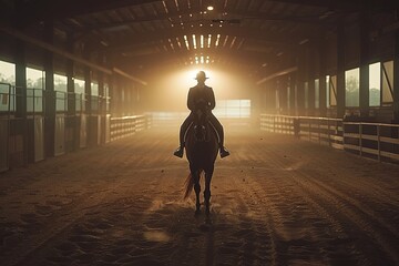 Professional Photography of a Horse and Rider Practicing Their Skills in a Spacious Indoor Arena, Generative AI