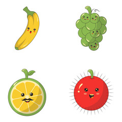 Kawaii Fruit Mascot Character. In Flat Cartoon Style. Isolated On White Background. Vector Icon Set