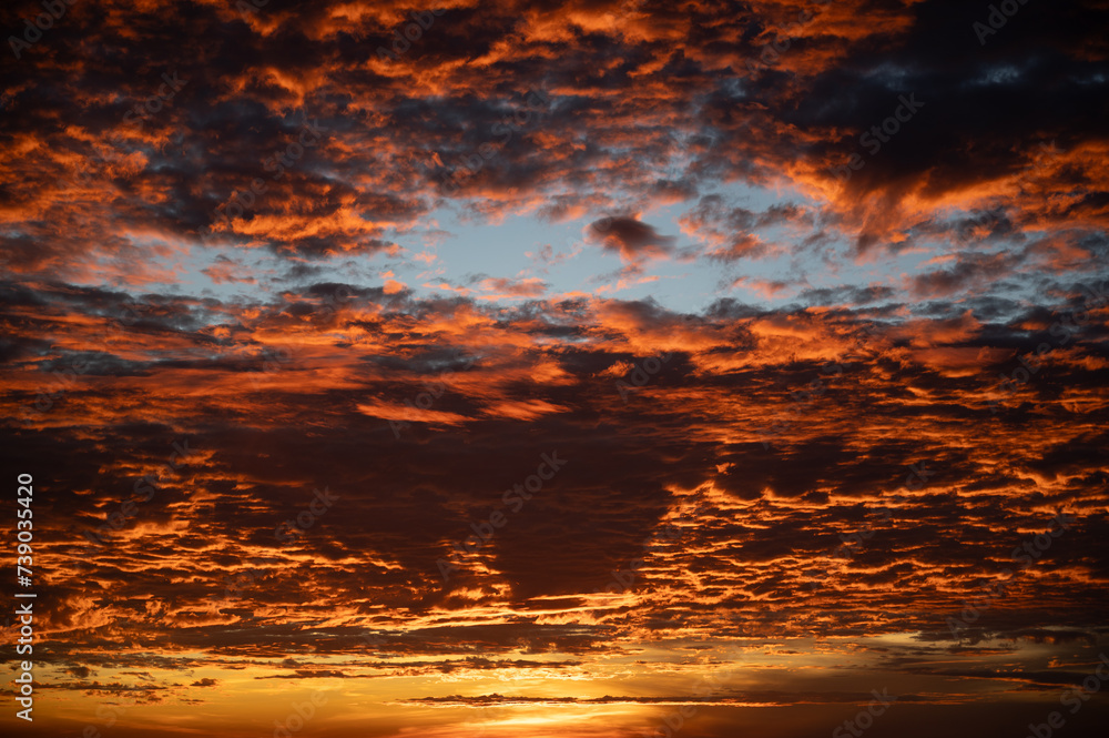 Wall mural fiery orange sunset sky in background.