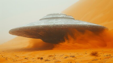 UFO landing on desert science fiction background