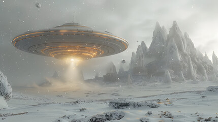 UFO landing on snow land science fiction background