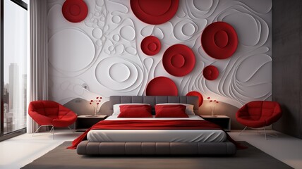 A contemporary 3D wall design in the bedroom with ruby and white circular motifs, creating a sense of movement and rhythm in the interior decor.