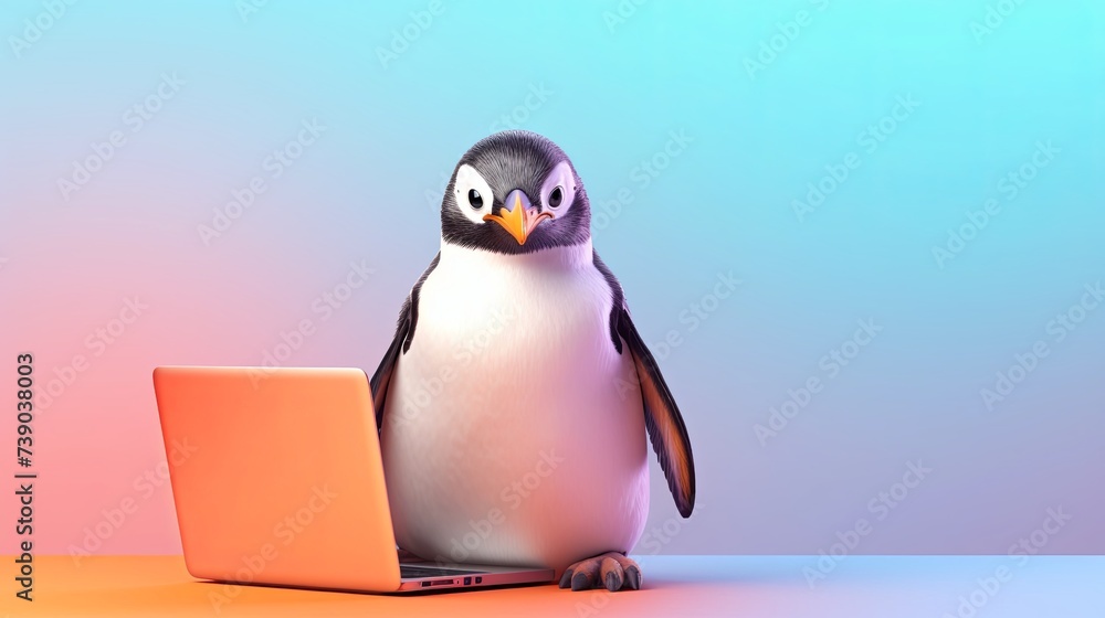 Aufkleber penguin bird using a laptop while working on bright pastel background. advertisement. presentation. 
