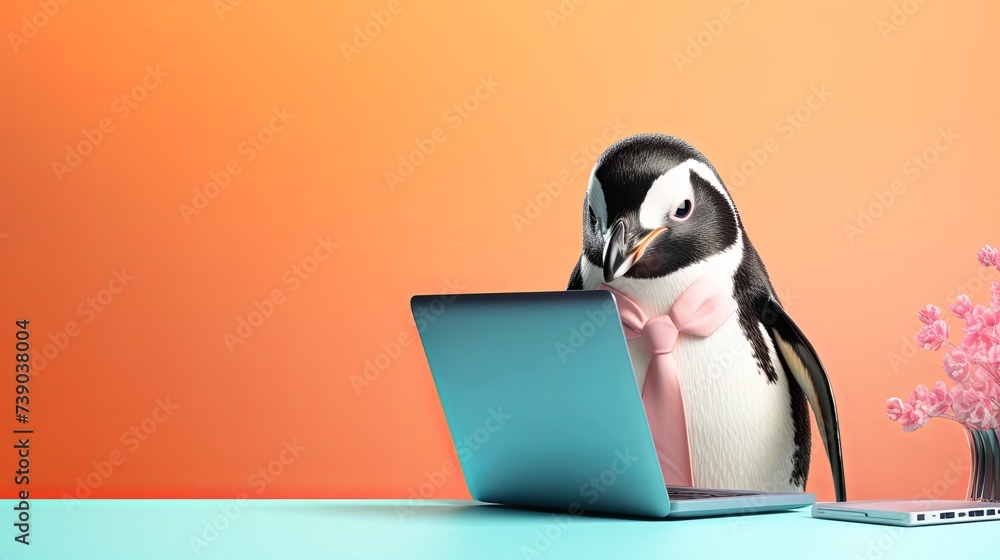 Aufkleber penguin bird using a laptop while working on bright pastel background. advertisement. presentation. 