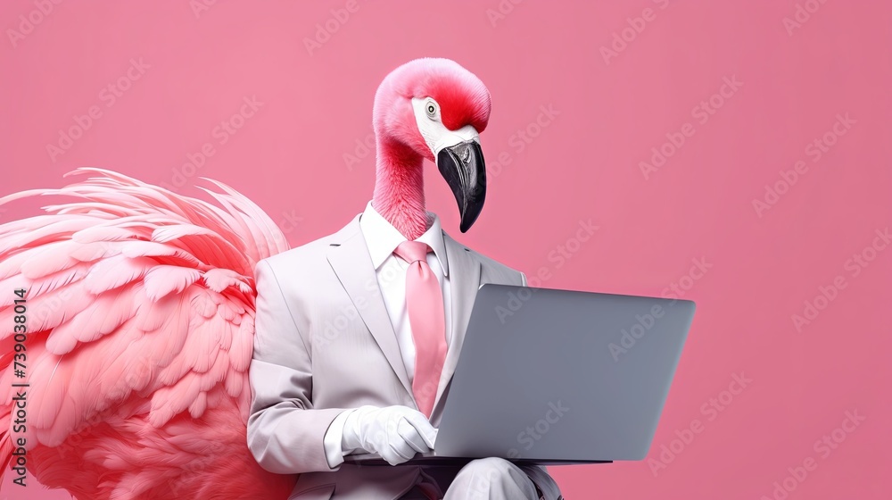 Aufkleber flamingo bird in suit using a laptop while working on bright pastel background. advertisement. prese