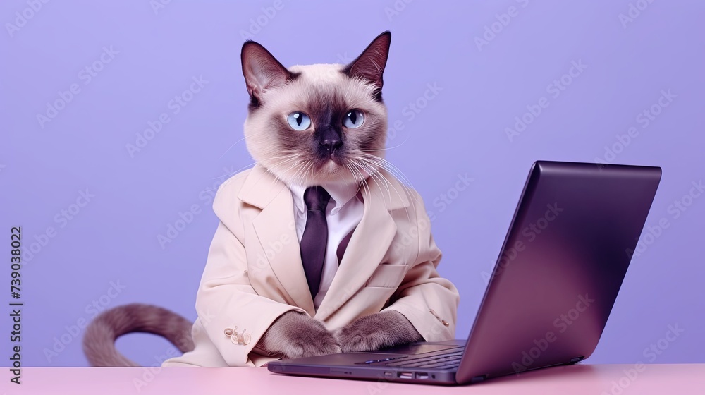Aufkleber siamese cat in suit using a laptop while working on bright pastel background. advertisement. present