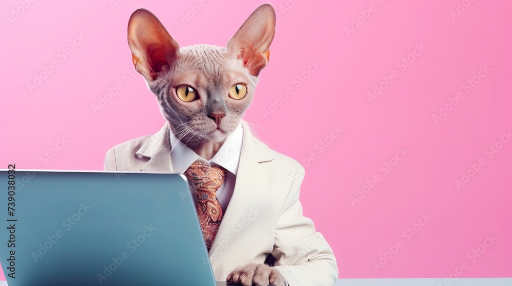 Aufkleber devon rex cat in suit using a laptop while working on bright pastel background. advertisement. prese