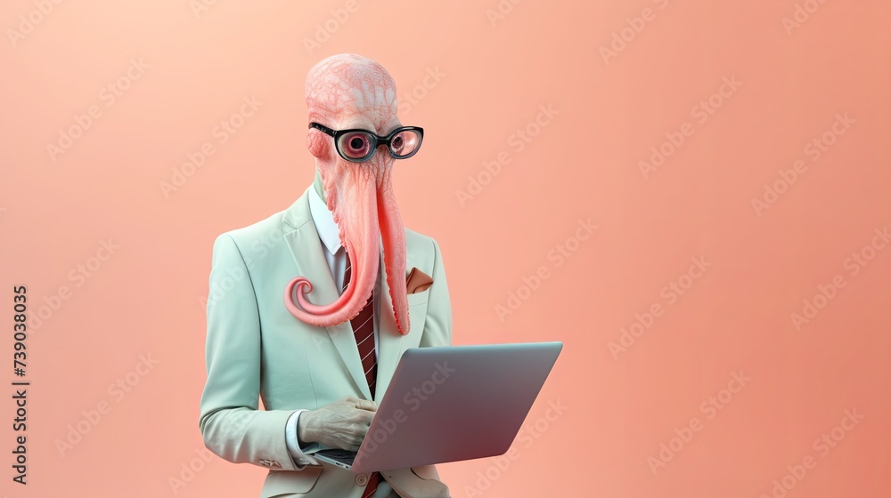 Aufkleber squid in suit using a laptop while working on bright pastel background. advertisement. presentation.