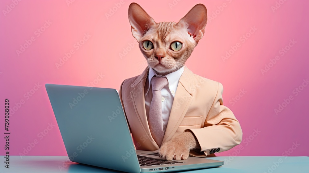 Aufkleber devon rex cat in suit using a laptop while working on bright pastel background. advertisement. prese