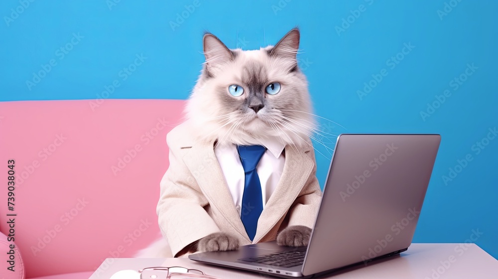 Aufkleber ragdoll cat in suit using a laptop while working on bright pastel background. advertisement. present