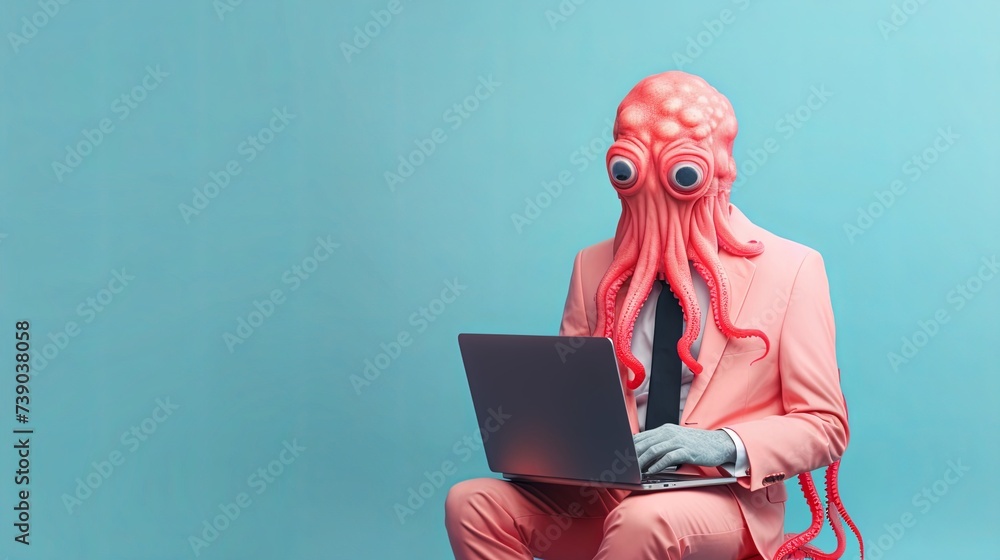 Aufkleber squid in suit using a laptop while working on bright pastel background. advertisement. presentation.