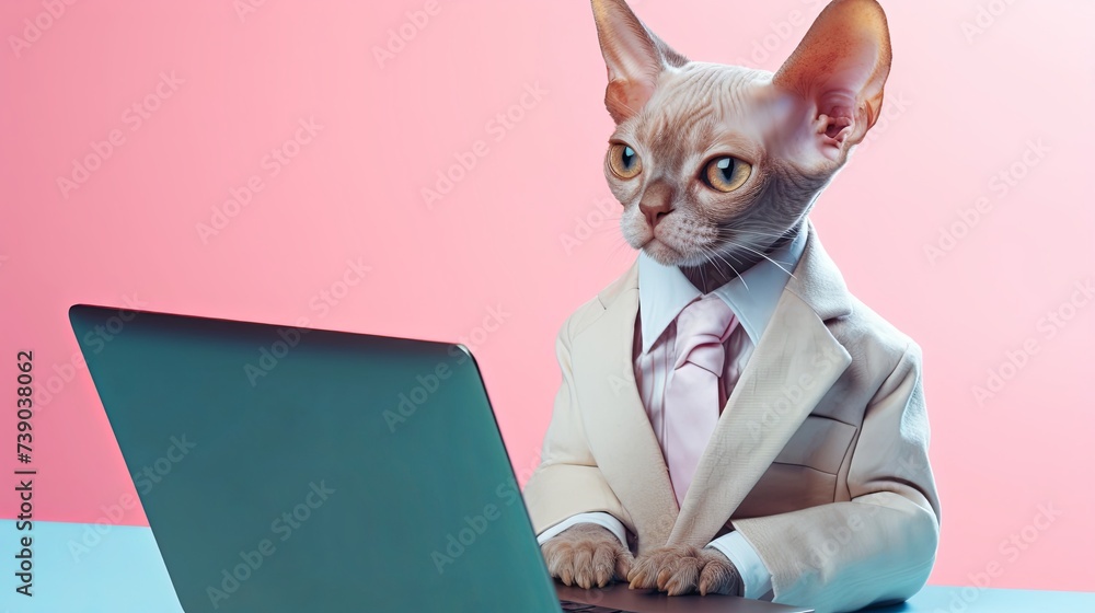 Aufkleber devon rex cat in suit using a laptop while working on bright pastel background. advertisement. prese