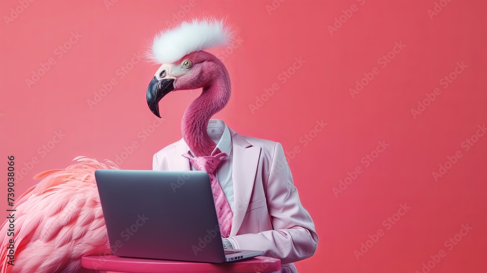 Aufkleber flamingo bird in suit using a laptop while working on bright pastel background. advertisement. prese