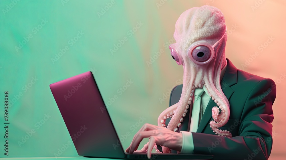Aufkleber squid in suit using a laptop while working on bright pastel background. advertisement. presentation.