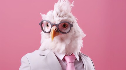 Chicken in suit businessman on bright pastel background. advertisement. presentation. commercial. editorial. copy text space.
