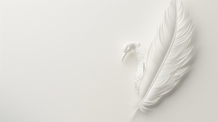 White feather on white paper texture minimalist background