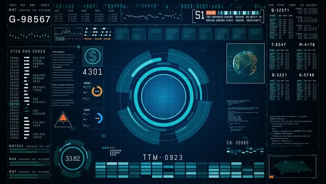 Futuristic Cybersecurity Dashboard with Global Data Analytics and Technology Interface, Featuring an Intricate Technology Interface with Global Data Analytics, HUD Technology Background 4k