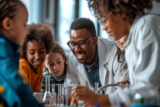 Science Teacher and Students Conducting Experiments
Engaged science teacher guiding diverse, curious students through interactive experiments, sparking joy and discovery in a bright classroom setting.
