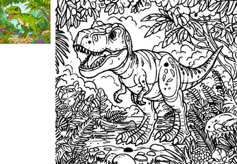 Coloring book for children with a dinosaur hand painted in cartoon style, tyrannosaurus, brontosaurus