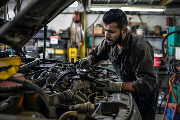 Fototapeta na wymiar Middle Eastern mechanic working on car engine in auto repair shop