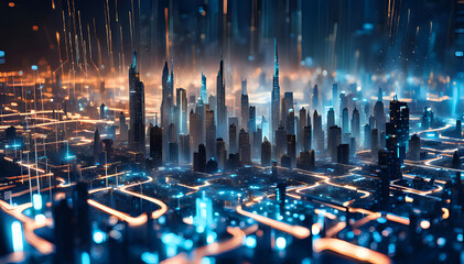 Cityscape of on circuit board background - futuristic concept