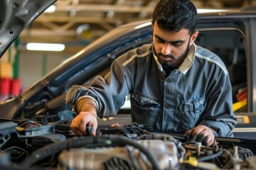 Middle Eastern mechanic working on car engine in auto repair shop - obrazy, fototapety, plakaty