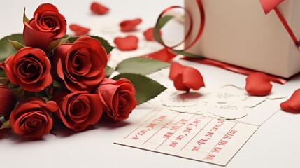Greeting for the month of February on a piece of paper with chocolate and roses, note paper sticker with a february spirit