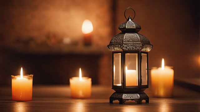 Fototapeta Ornamental Arabic lantern with burning candle glowing on a beautiful background with space for text or inscriptions