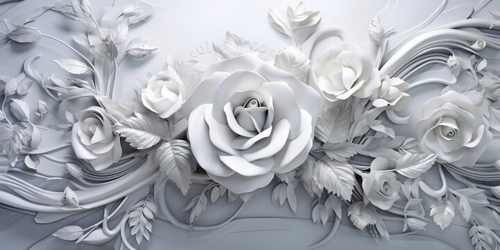 3d classic wallpaper. rose flowers on a light gray background with squares and wavy shapes. for wall home decor, Beautiful white 3d flowers on white marble relief wallpaper,  white rose pattern 