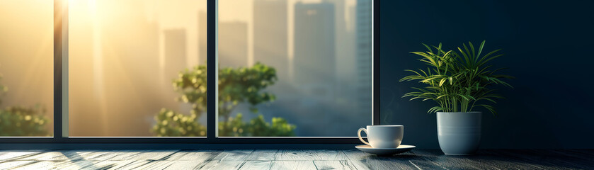 Early morning serenity with a fresh cup of coffee and a lush plant pot on table in the condo, sitting by a sunlit window overlooking the city. Perfect for simple poster layout.