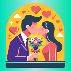 Flat Design a Couple Gets Married and Kisses in Wedding Party