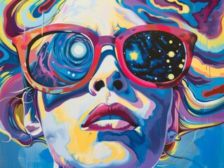 Pop art portrait model with sunglasses a galaxy swirling in the broken lens vibrant and bold