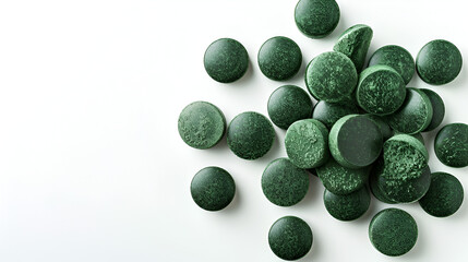 Green spirulina pills on white background top view copy space, generative ai - obrazy, fototapety, plakaty