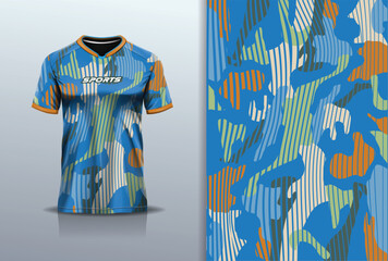 T-shirt mockup with abstract camouflage jersey design for football, soccer, racing, esports, running, in blue color	