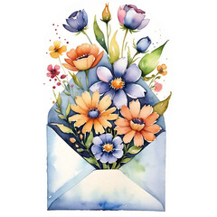 a whimsical watercolor painting of a bouquet of vivid flowers gracefully erupting from an envelope, symbolizing the arrival of spring and the joy of receiving heartfelt messages.