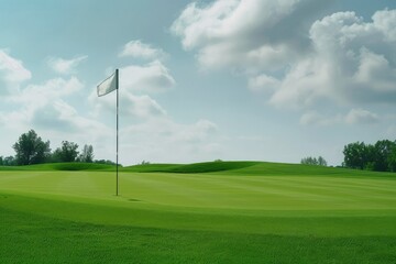 Golf Course Beauty: Green Fairway with Flagsticks on a Breezy Day.